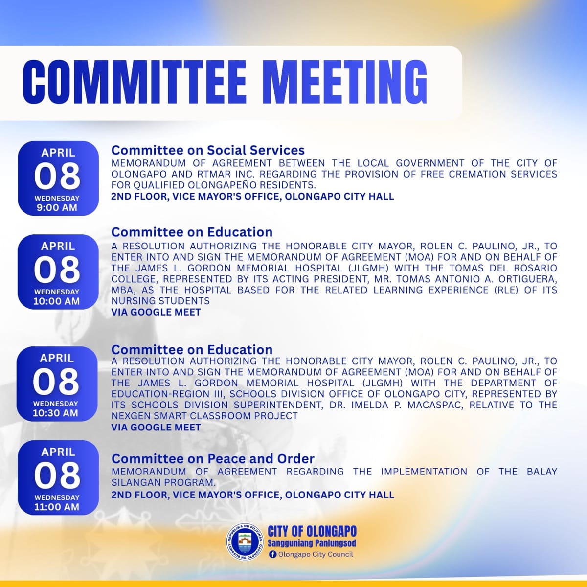 COMMITTEE MEETING SCHEDULE