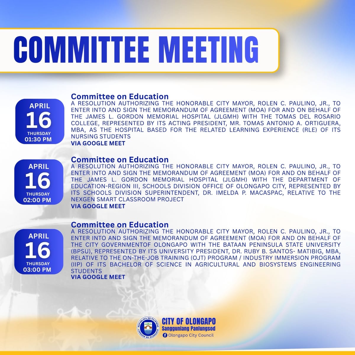 COMMITTEE MEETING SCHEDULE